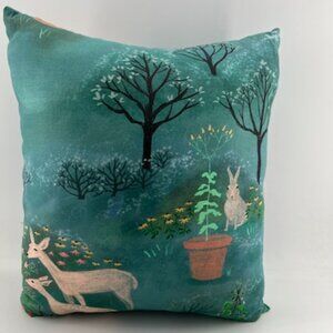 14"x15" Greenish Gray Deer and Rabbit Garden Pillow.
